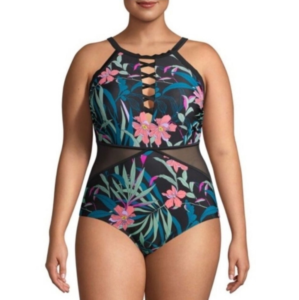 Terra & Sky Tropical Floral 1 Piece Swim Sz 3X/ 24W - 26W